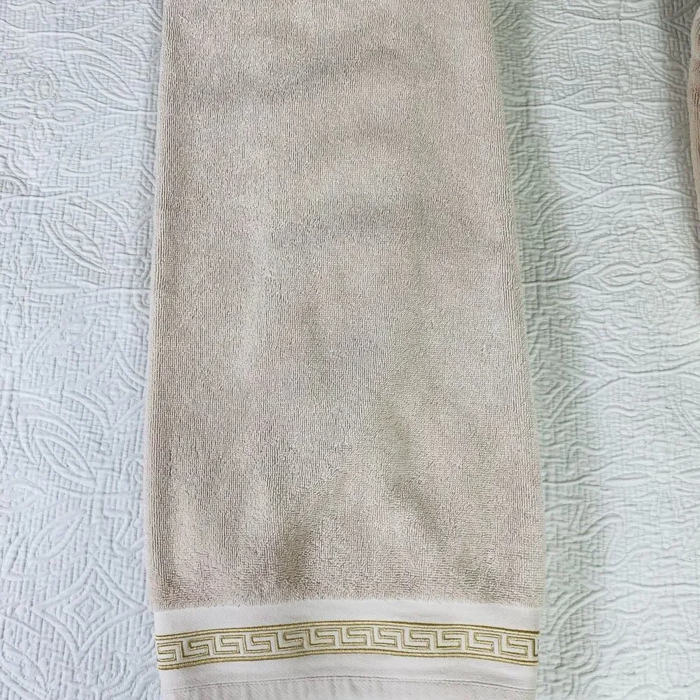 Luxurious Vtg Cream Bath Towels with Gold Greek Embroidered Accent
